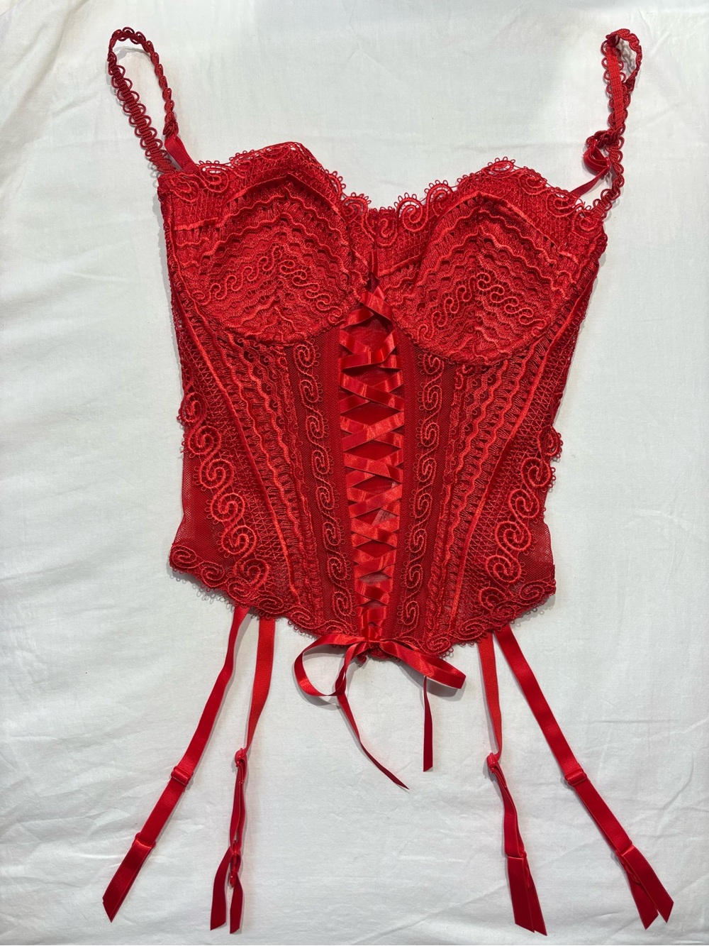 Vintage Victoria's Secret Red Lace Corset Bustier with Garter Straps